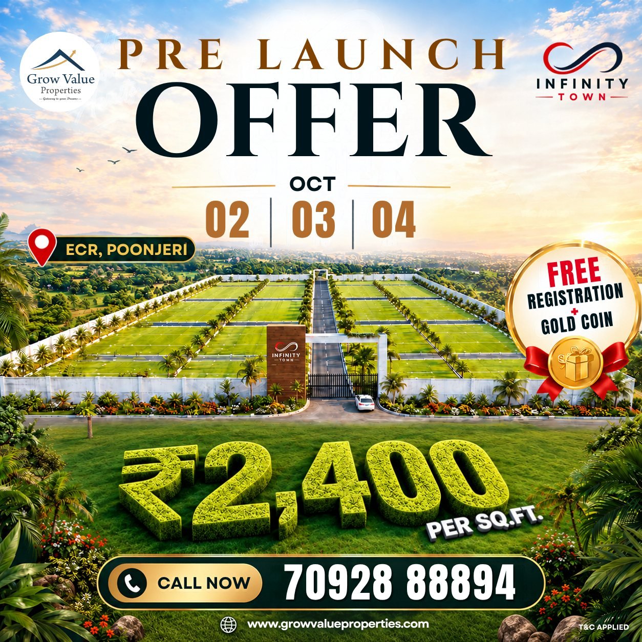 Pre-launch offer at Infinity Town, ECR Poonjeri: villa plots at ₹2,400 per sq.ft. on 2, 3 and 4 October, with free registration and a gold coin. Call 70928 88894.
