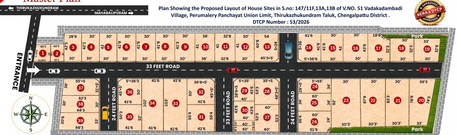 DTCP approved master plan for 39 villa plots in Mahabalipuram, approval number 53/2026, Vadakadambadi Village, Thirukazhukundram Taluk